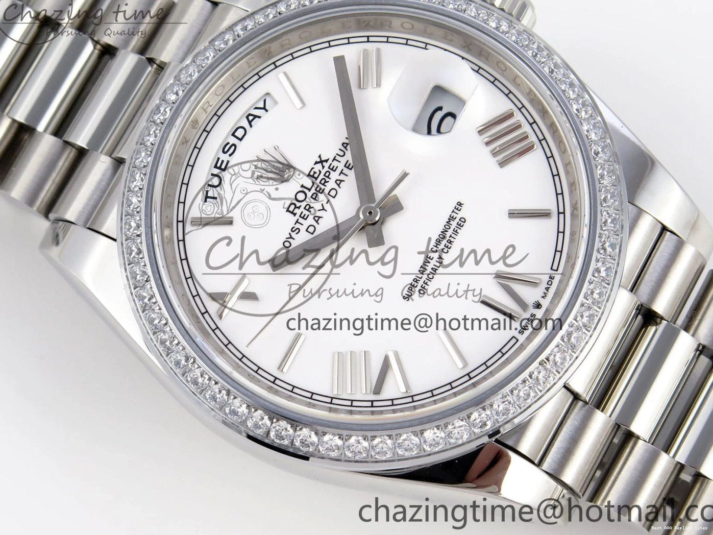 Good Copy Rolex Watches GSF Dial Bezel White Sustainable A 1920 40 SS Roman on Weight DayDate Diamonds Bracelet Gain President 1227